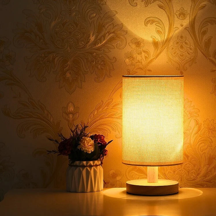 AuroraWood – Natural Dimmable Bedside Lamp with Wooden Base & Fabric Shade