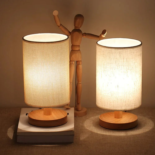 AuroraWood – Natural Dimmable Bedside Lamp with Wooden Base & Fabric Shade