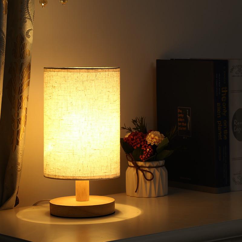 AuroraWood – Natural Dimmable Bedside Lamp with Wooden Base & Fabric Shade