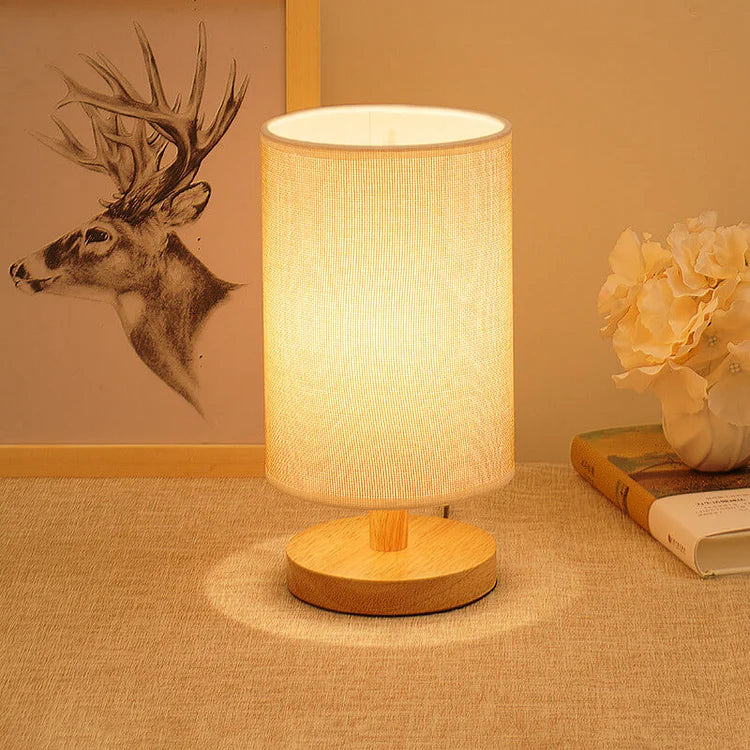 AuroraWood – Natural Dimmable Bedside Lamp with Wooden Base & Fabric Shade