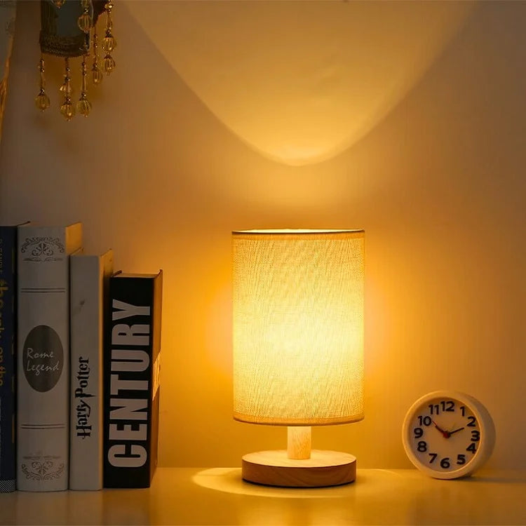 AuroraWood – Natural Dimmable Bedside Lamp with Wooden Base & Fabric Shade
