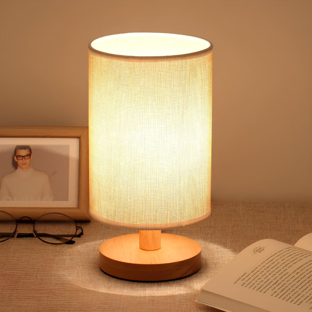 AuroraWood – Natural Dimmable Bedside Lamp with Wooden Base & Fabric Shade