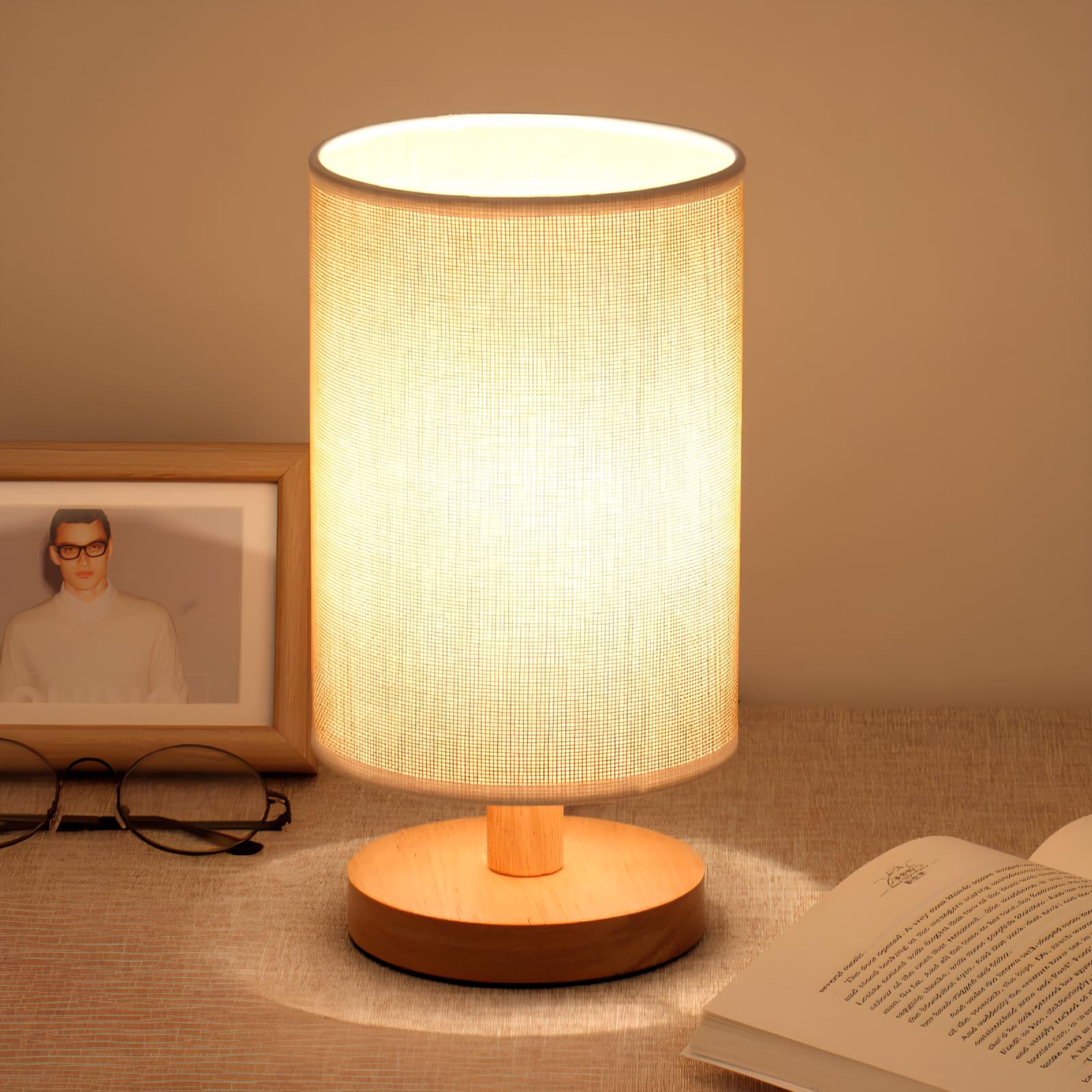 AuroraWood – Natural Dimmable Bedside Lamp with Wooden Base & Fabric Shade