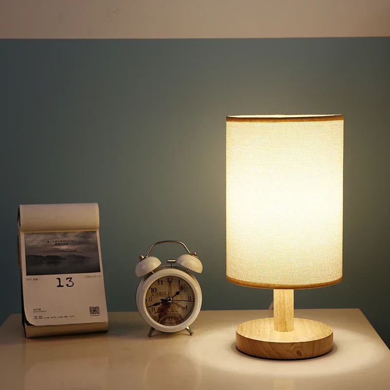 AuroraWood – Natural Dimmable Bedside Lamp with Wooden Base & Fabric Shade