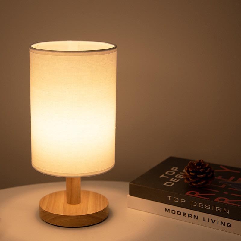 AuroraWood – Natural Dimmable Bedside Lamp with Wooden Base & Fabric Shade