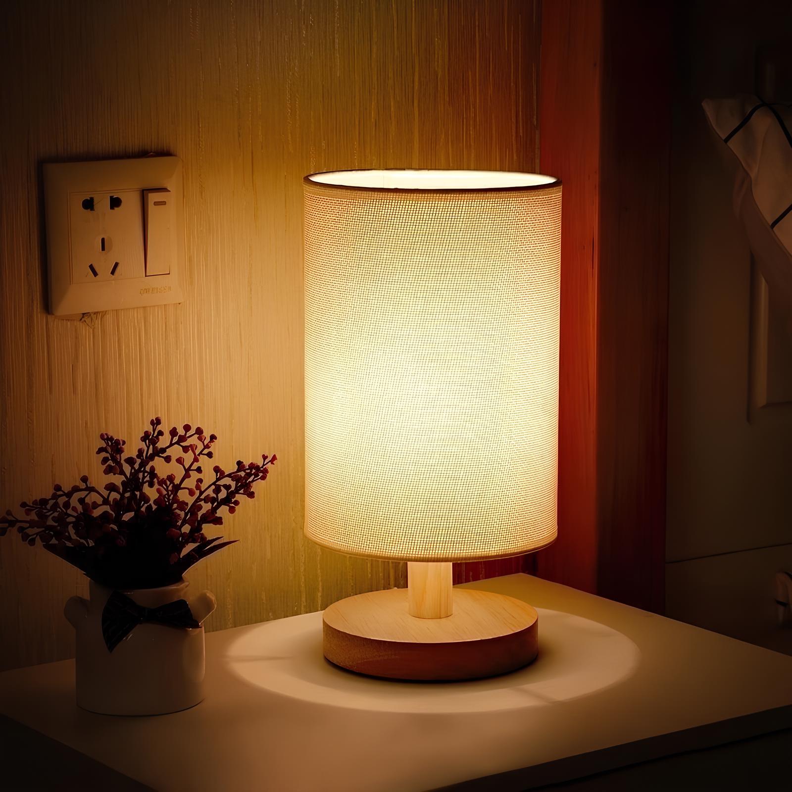 AuroraWood – Natural Dimmable Bedside Lamp with Wooden Base & Fabric Shade