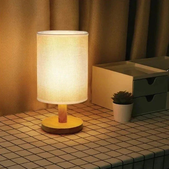 AuroraWood – Natural Dimmable Bedside Lamp with Wooden Base & Fabric Shade